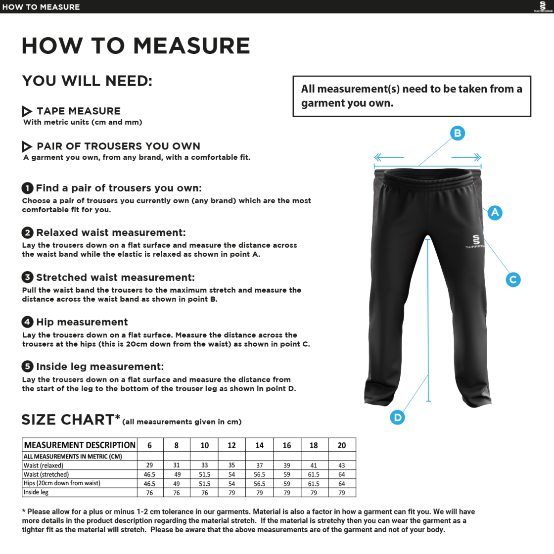 GB Senior Students - Poplin Track Pants - Girls/Ladies Fit - Size Guide