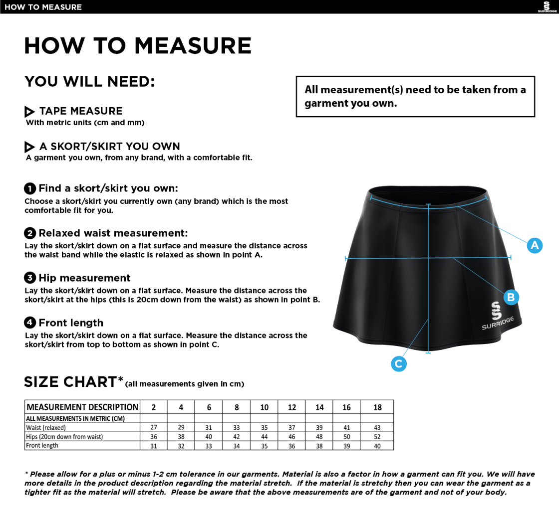 GB Prep Students - Skort- Girls/Ladies Fit - Size Guide