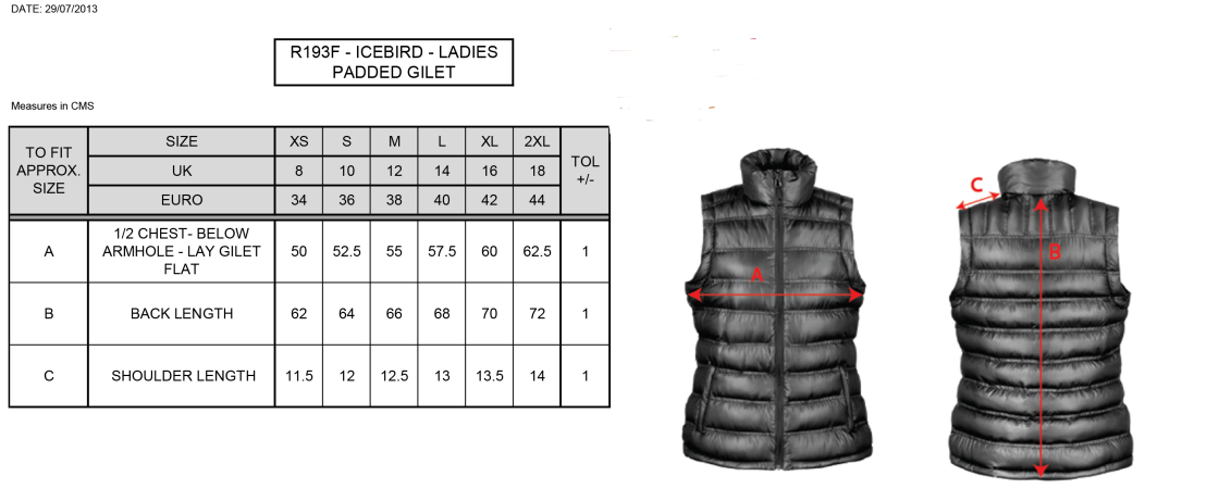 GB Staff - Padded Gilet - Women's Fit - Size Guide