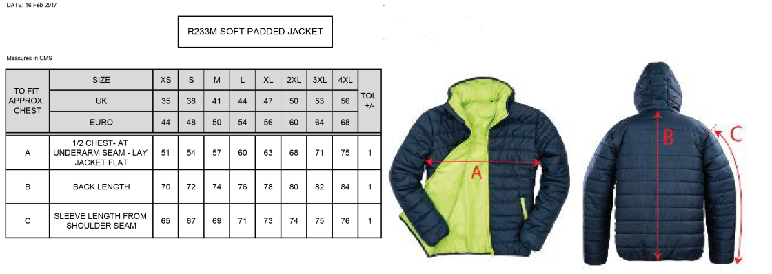 GB Staff - Supersoft Padded Jacket - Unisex Fit - Size Guide