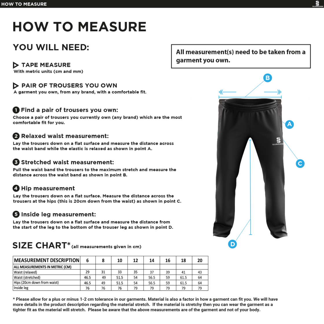 GB Senior Students - Dual Poplin Track Pant - Girls/Ladies Fit - Size Guide