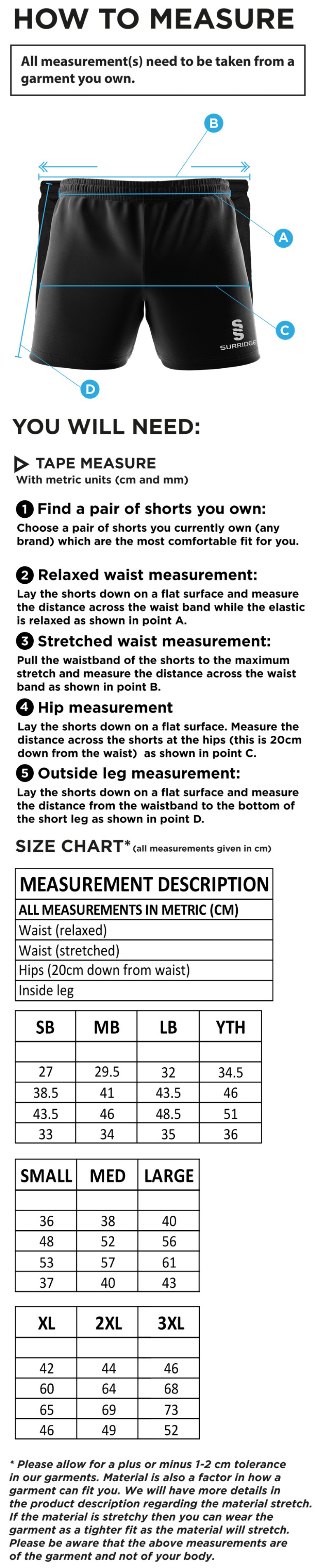 GB Senior Students - Dual Shorts - Unisex Fit - Size Guide