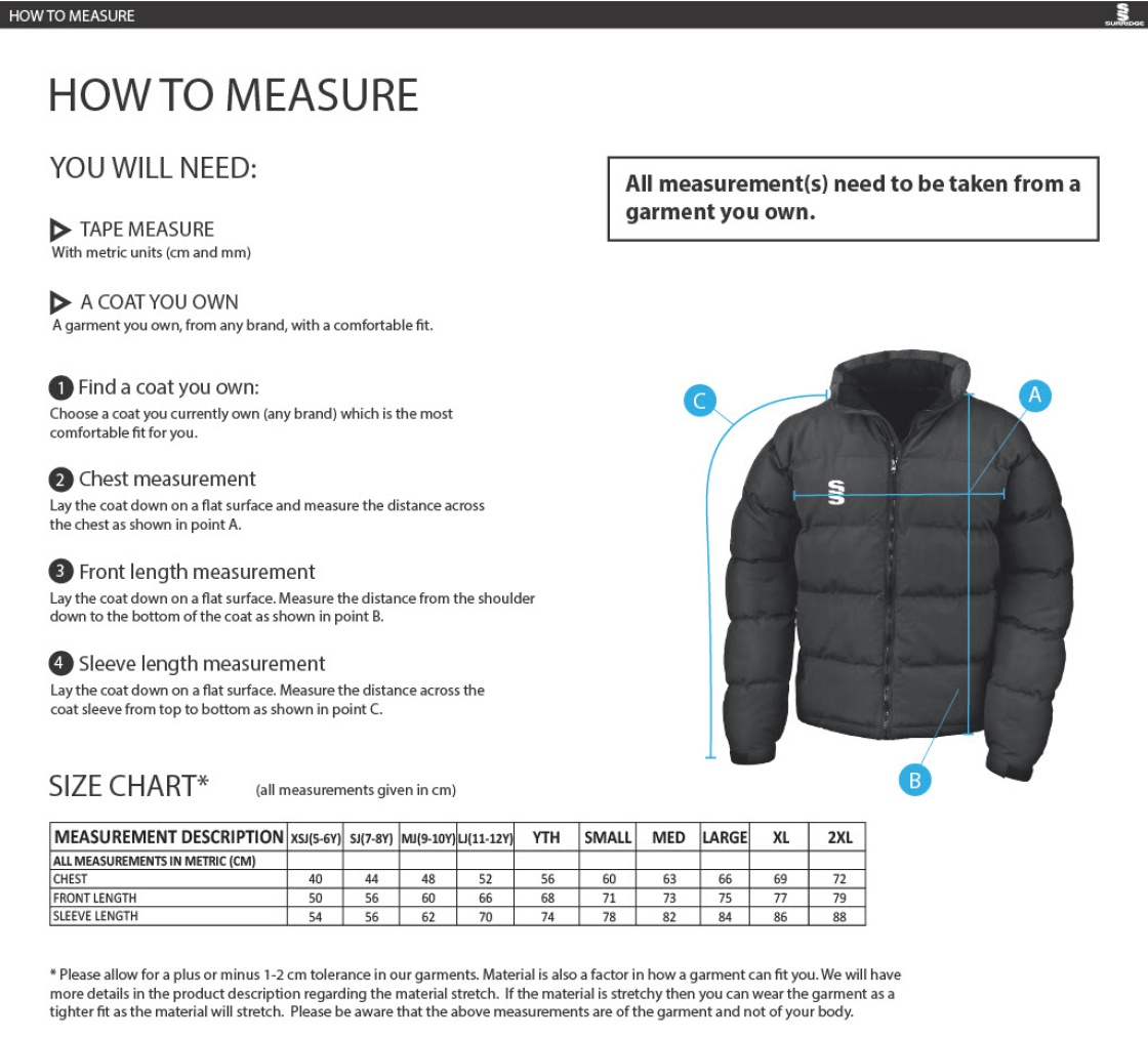 GB Staff - Holkham Down Feel Jacket - Men's Fit - Size Guide