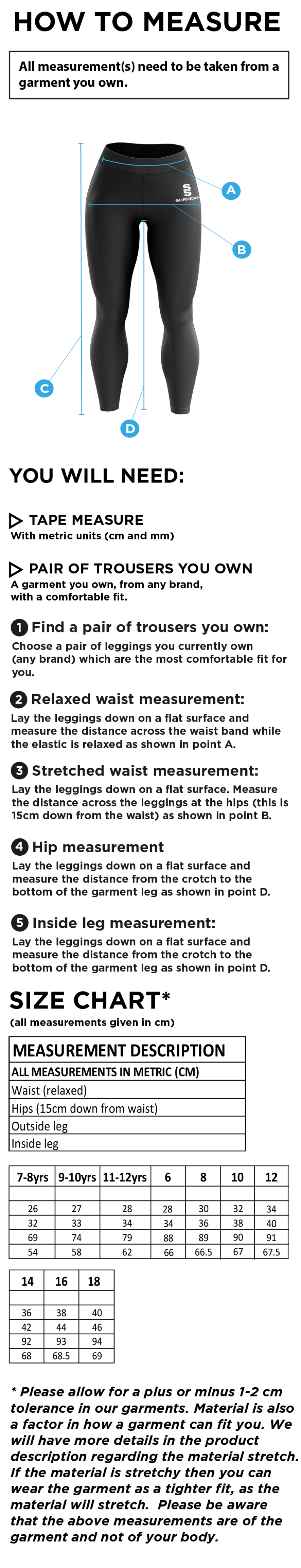 GB Senior Students - Leggings - Girls/Ladies Fit - Size Guide