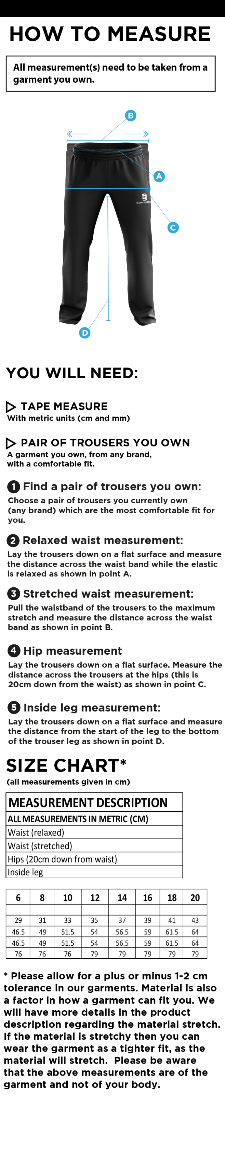 GB Senior Students - Poplin Track Pants - Girls/Ladies Fit - Size Guide