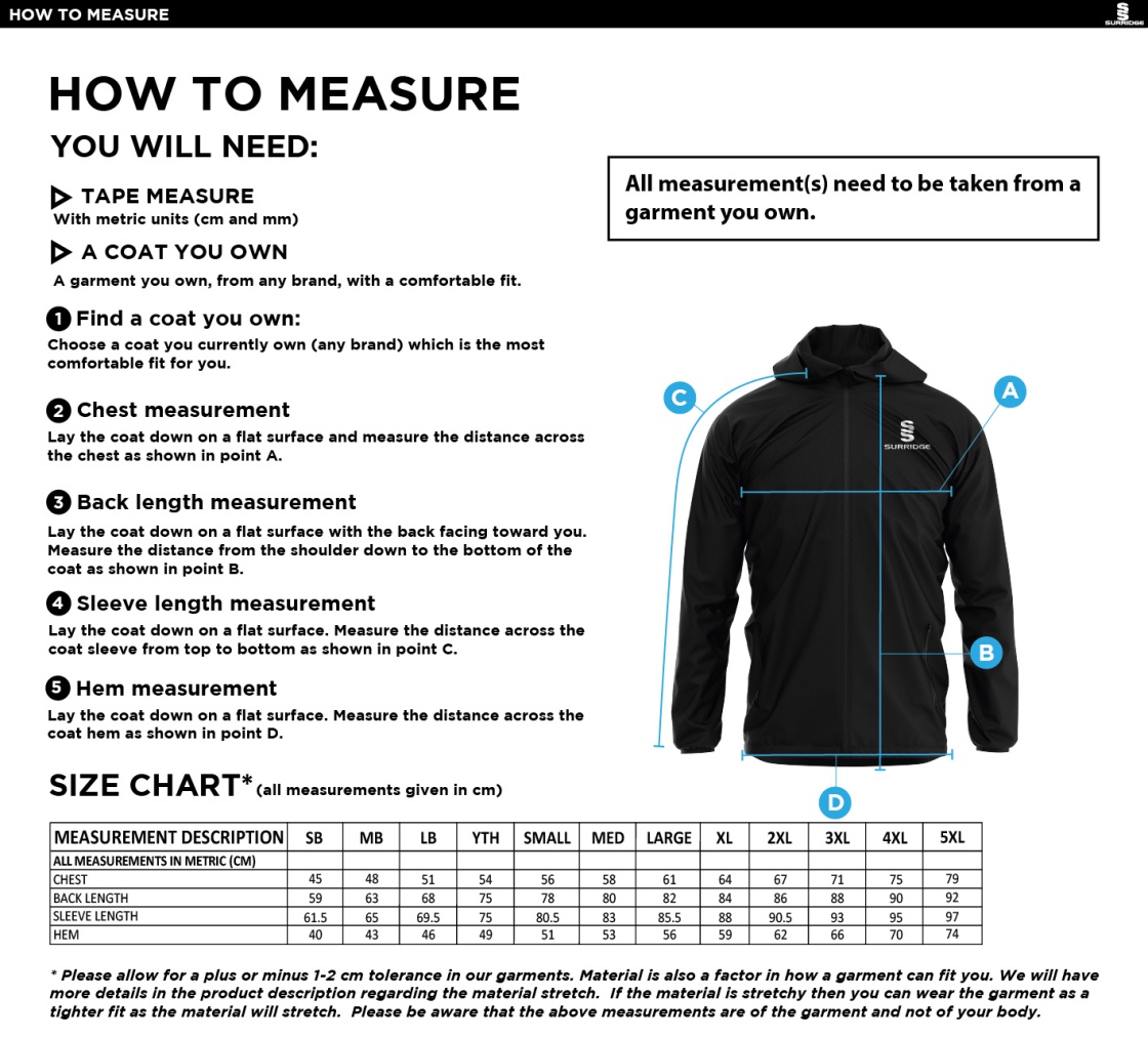 GB Prep Students - Dual Full Zip Training Jacket : Navy - Size Guide