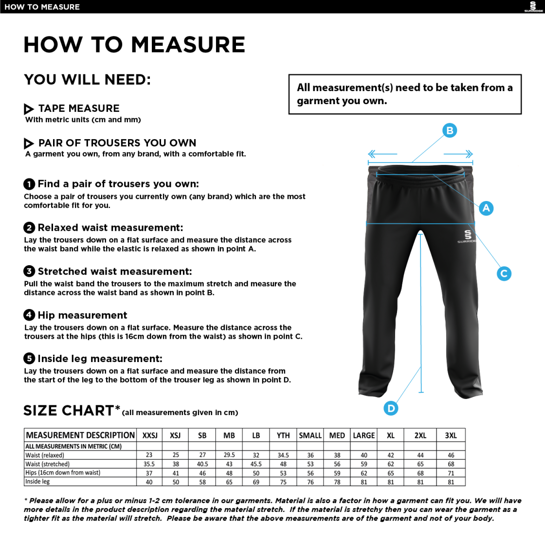 GB Prep Students - Poplin Track Pants - Junior/Unisex Fit - Size Guide