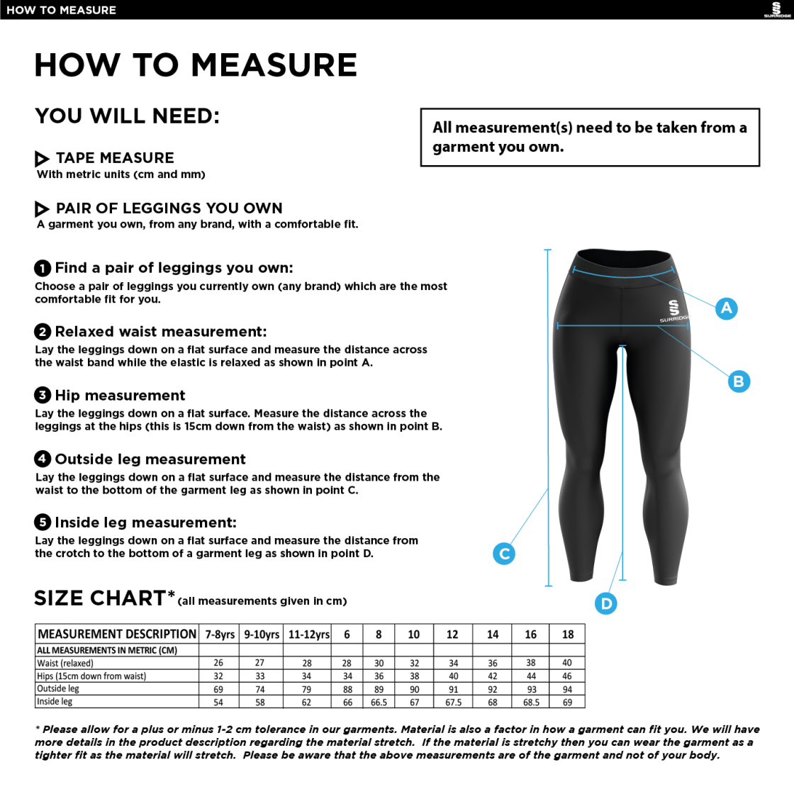 GB Senior Students - Leggings - Girls/Ladies Fit - Size Guide