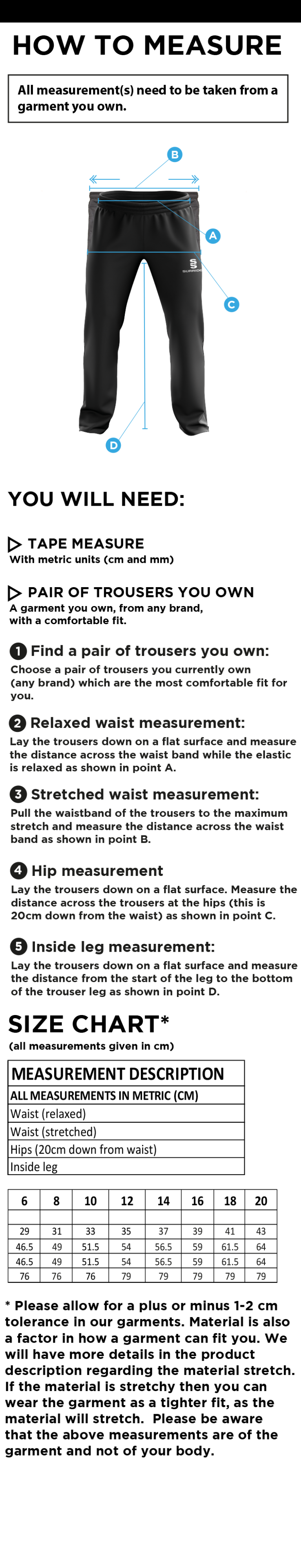 GB Senior Students - Dual Poplin Track Pant - Girls/Ladies Fit - Size Guide