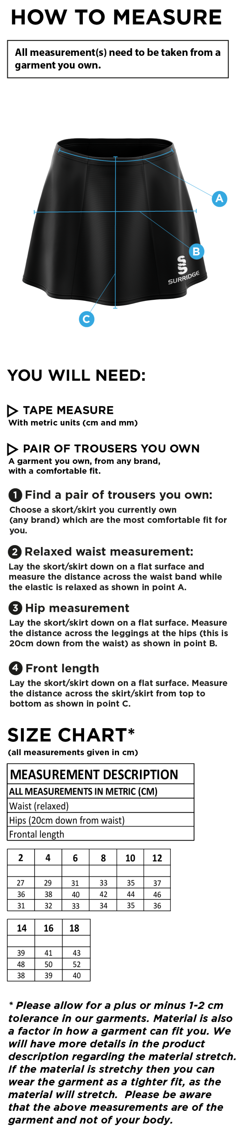 GB Prep Students - Skort- Girls/Ladies Fit - Size Guide